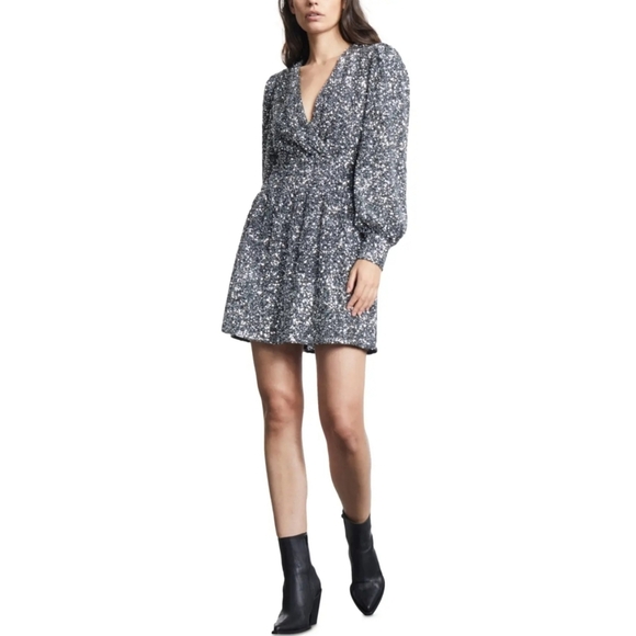 NWT The Kooples Puff Sleeve Sequin Mini Dress, Size 0 (XSmall), Color Silver - Picture 1 of 16